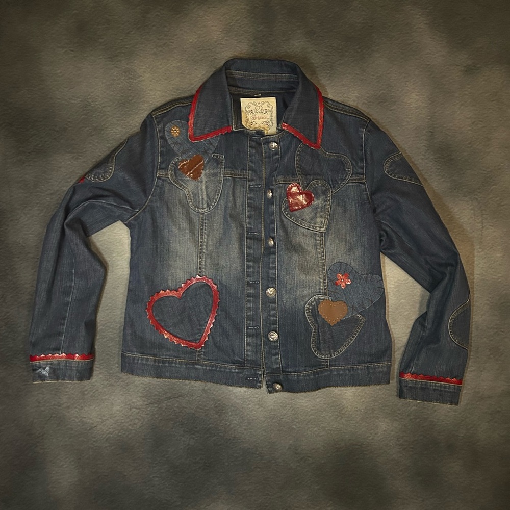 Brighton Blue Denim Jacket with Red Heart Accents- Large